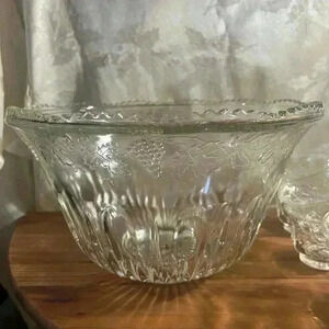 Indiana Glass Clear Punch Bowl and Cups Harvest  Grapes Fruit Pattern Vintage